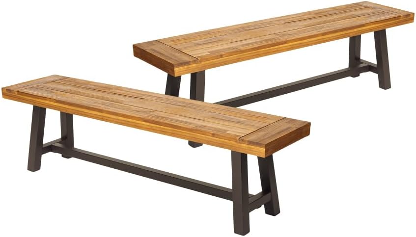 Saiveina Outdoor Carlisle Benches, Sandblasted Brown + Rustic Metal (Set of 2)