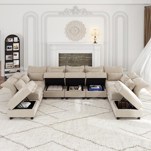 LLappuil 154" Modular Sectional Sofa with Storage 9 Seat Oversized Sectional Couches for Living Room with Adjustable Arms Backs, Convertible to L Shape/U Shape/Sleeper Sofa, Black Chenille