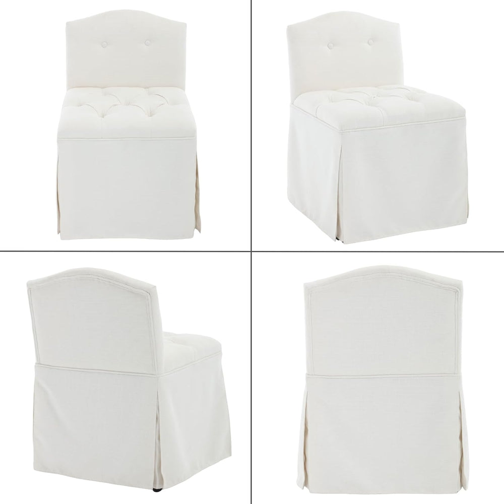 White Tufted Makeup Vanity Chair with Wheels, Small Upholstered Skirted Slipp...