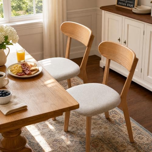 100% Solid Wood Upholstered Dining Chairs, Mid Century Modern Oak Dining Chai...