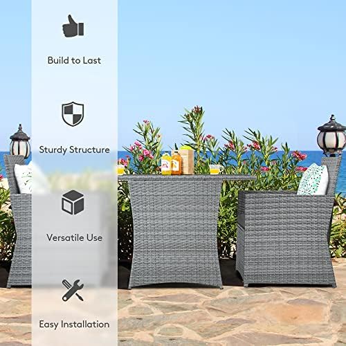 DORTALA Wicker Outdoor Bistro Set 3 Piece, Patio Furniture Set for Small Spac...