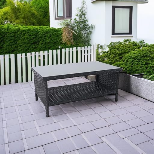 Outdoor Wicker Coffee Table Patio Furniture Garden Rattan 2-Layer Glass Table...
