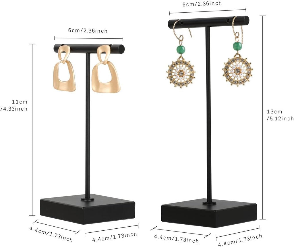 GemeShou 2pcs metal earring holder, Black T bar earring display stand, mini hangers for earrings Jewelry Photography, earring storage organizer【Black-Square Base 2pcs Height 4.3 and 5.1 inch】