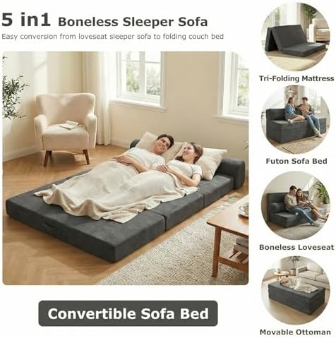 5-in-1 Convertible Sofa Bed, Loveseat, Tri-fold Futon Sofa Bed with Removable...