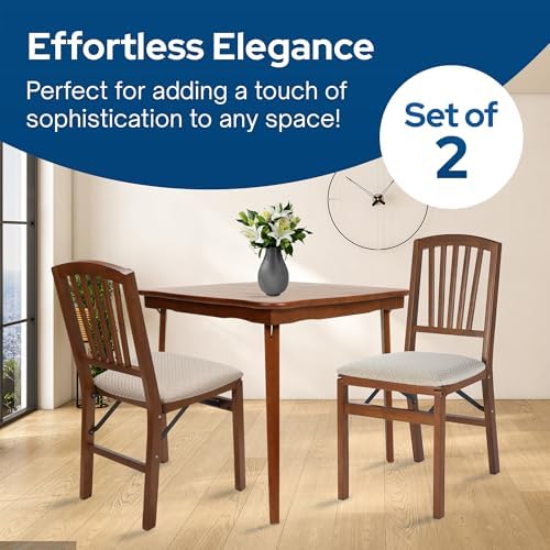 MECO Stakmore Slat Back Wooden Folding Chairs with Padded Seats, Set of 2 - N...