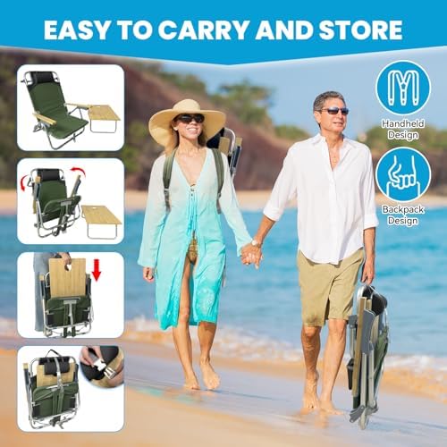 2 Pack Low Backpack Beach Chair with Folding Bamboo Table for Adults, 5-Posit...