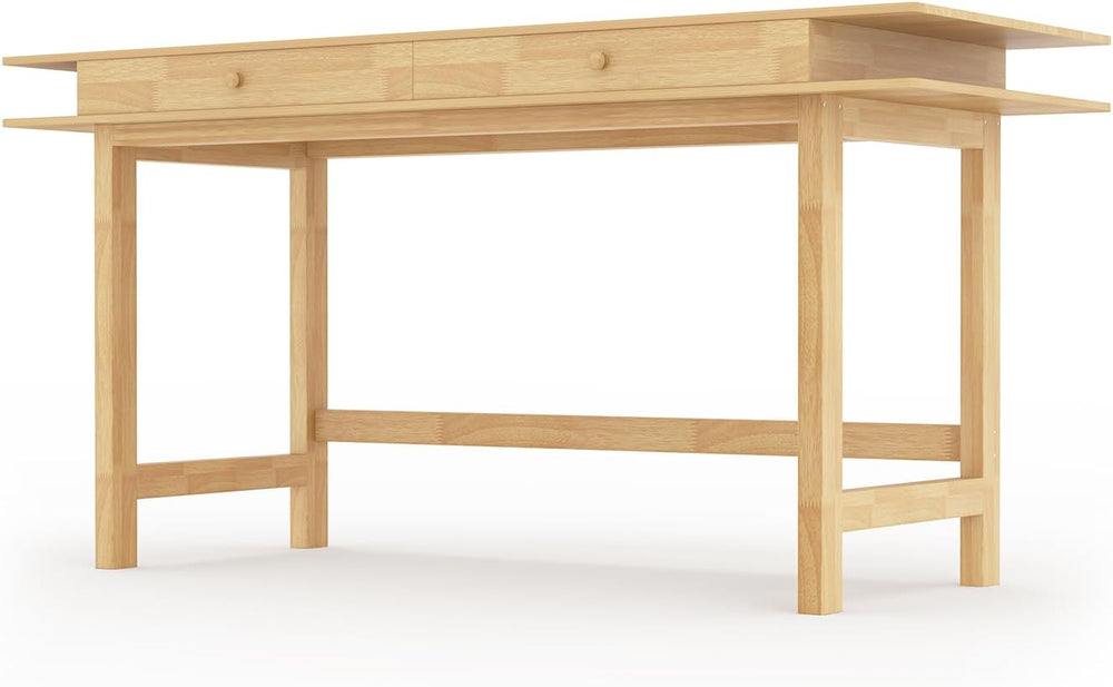 60in Solid Wood Desk - Oak Double-Top Writing Table with Drawers