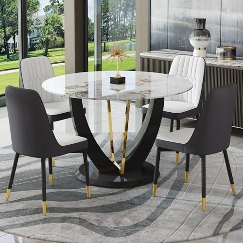JUFU 5-Piece Round Dining Table Set for 4, 48-Inch Black Marble-Look Table