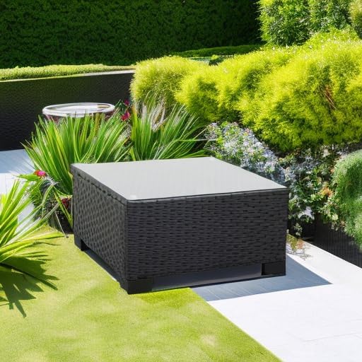 Rattaner Patio Furniture Wicker Coffee Table Outdoor Garden Square Side Table with Tempered Glass Top Black