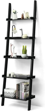 Pemberly Row 5-Tier MDF Ladder Shelves, Black Finish, 74.5" H x 13" W x 23" L, Wall-Leaning Design, Contemporary Storage Unit for Living Room, Study, or Bathroom Decor