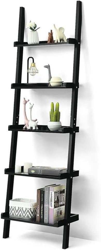 Pemberly Row 5-Tier MDF Ladder Shelves, Black Finish, 74.5" H x 13" W x 23" L, Wall-Leaning Design, Contemporary Storage Unit for Living Room, Study, or Bathroom Decor