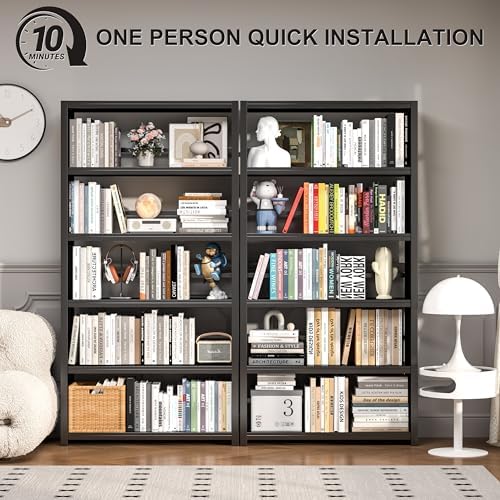 5 Tier Metal Bookshelf, Black 69" Tall Bookcase, Large Heavy Duty Book S...