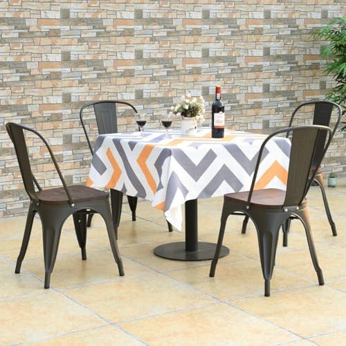 COSTWAY Stackable Metal Dining Chairs Set of 4 with Wood Seat and High Back