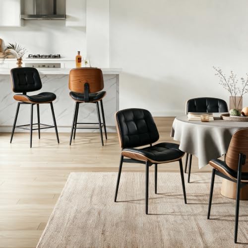 GrandNoor Mid Century Modern Dining Chairs with Walnut Grain Back, Black Faux...