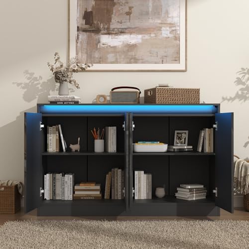 Furnify 51" W Buffet Cabinet with LED Lights & Charging Station, Grey