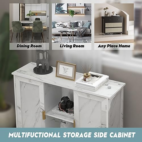 TaoHFE Marble Top Narrow Sideboard Cabinet,White Marble Side Buffet Cabinet