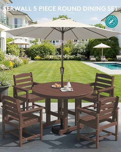SERWALL 5-Piece HDPE Round Dining Set, 45" Table, 4 Chairs, Coffee