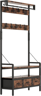 Hall Tree with Bench and Shoe Storage, Freestanding Entryway Coat Rack with 3 Fabric Drawers, 16 Hooks