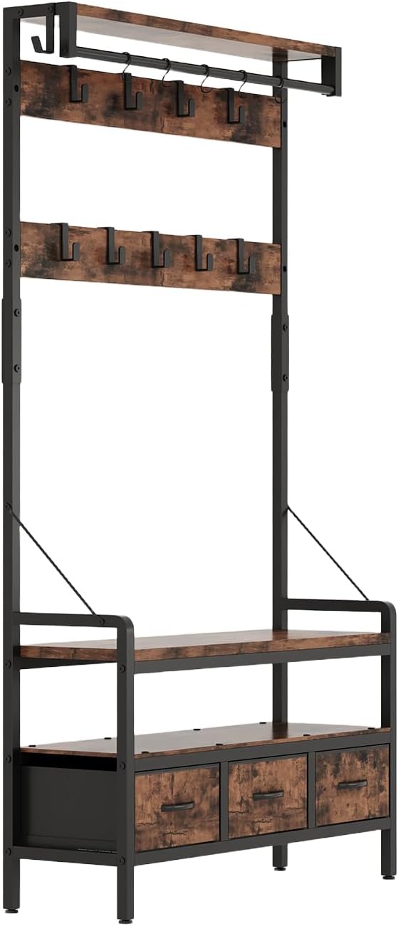 Hall Tree with Bench and Shoe Storage, Freestanding Entryway Coat Rack with 3 Fabric Drawers, 16 Hooks
