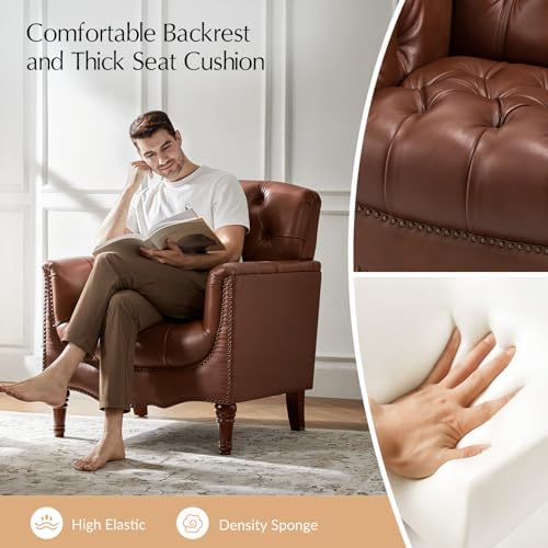 HULALA HOME Mid Century Modern Genuine Leather Accent Chair Set of 2, Brown |...