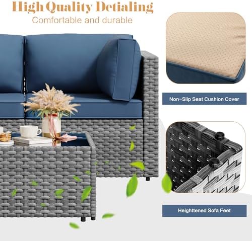 Vongrasig 5 Pieces Patio Furniture Set with Cushion, Glass Table, Navy Blue