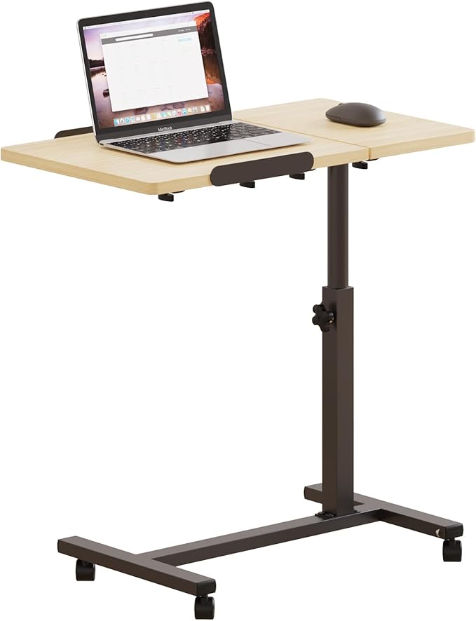Tilting Overbed Table with Wheels, Adjustable Height Laptop Stand for Couch, Bed Desk Hospital Overbed Table Side Tray Tables, Office Carts & Stands (Log)