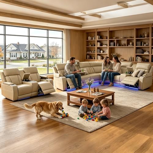 Power Reclining Sectional Sofa Set, Living Room Furniture Sets, Breathing Leather Sectional Couch and Loveseat with 4 Recliners, LED Light, USB Charging Port & Storage for House/Home Theater