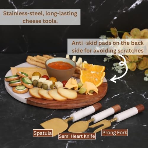 Marble Cheese Board with Wooden Thick Inlay - 3 Knife Set Included Round Char...