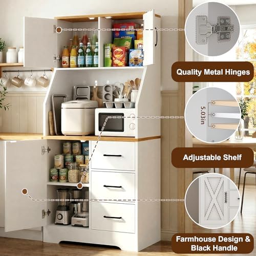 DreamDashio Pantry Cabinet with Adjustable Shelves and 3 Drawers, Tall Kitche...