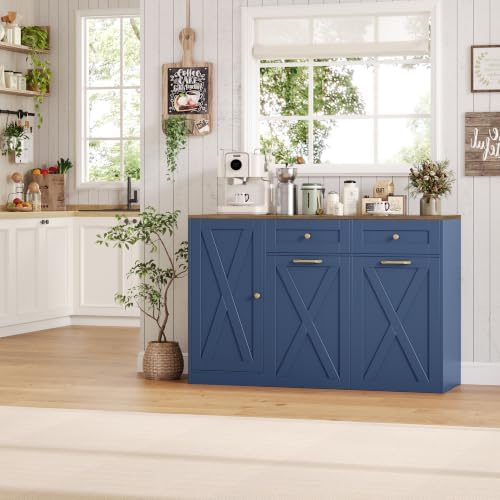 HOSTACK 12.5 Gallon Trash Can Cabinet, 47" W Dual Garbage Can Cabinet, Blue