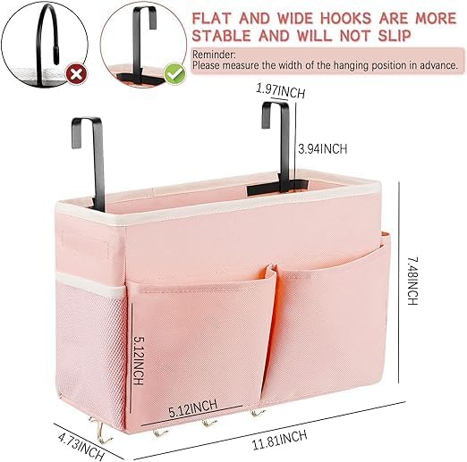 Bedside Storage Organizer 5 Pockets with 4 Hooks Hanging Storage Bag for Headboards/Bunk Bed (2Pack Pink)