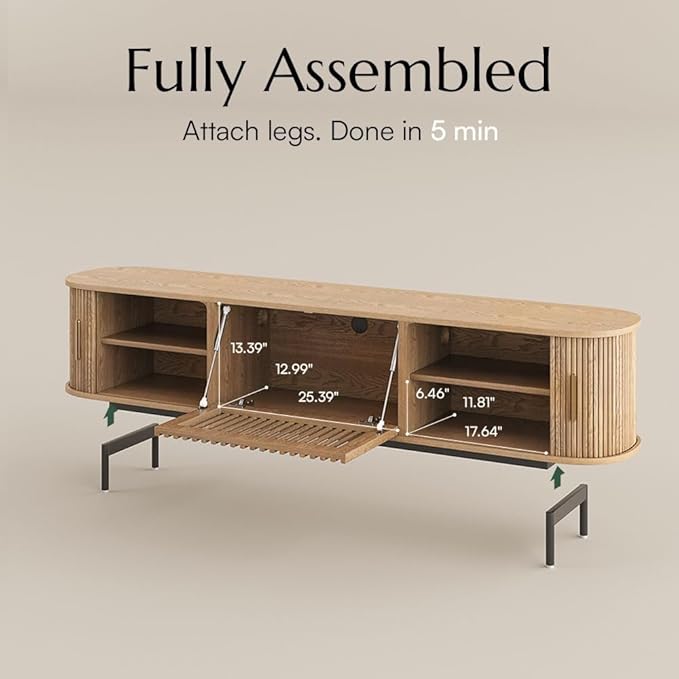 POVISON Fully-Assembled Mid Century Modern TV Stand for 75 inch TV, Sliding Door Entertainment Center with Storage, Wood TV Console, Media Console for Living Room Bedroom(Oak, 78.74")
