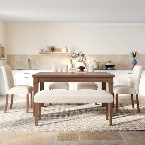 Merax 6-Piece Dining Set, Rectangle Kitchen Table with 4 Upholstered Chairs & Bench, Ideal for Dining Room and Living Room, Walnut