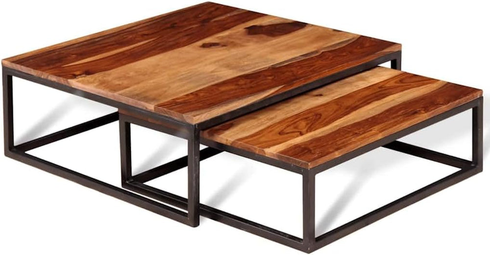 2 Piece Nesting Coffee Table Set Solid Acacia Wood | Retro Industrial Style, ...