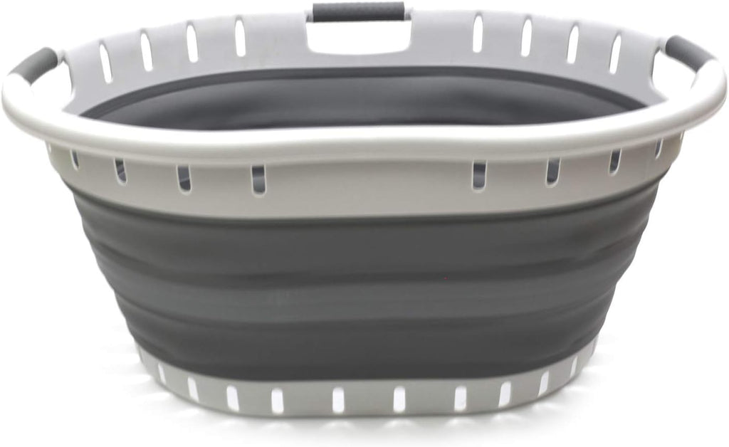 SAMMART 57L (15 Gallons) Collapsible 3-Handled Plastic Laundry Basket - Oval Tub - Portable Washing Tub - Pop up Laundry Hamper (1 pc - Oval, Dark Grey)