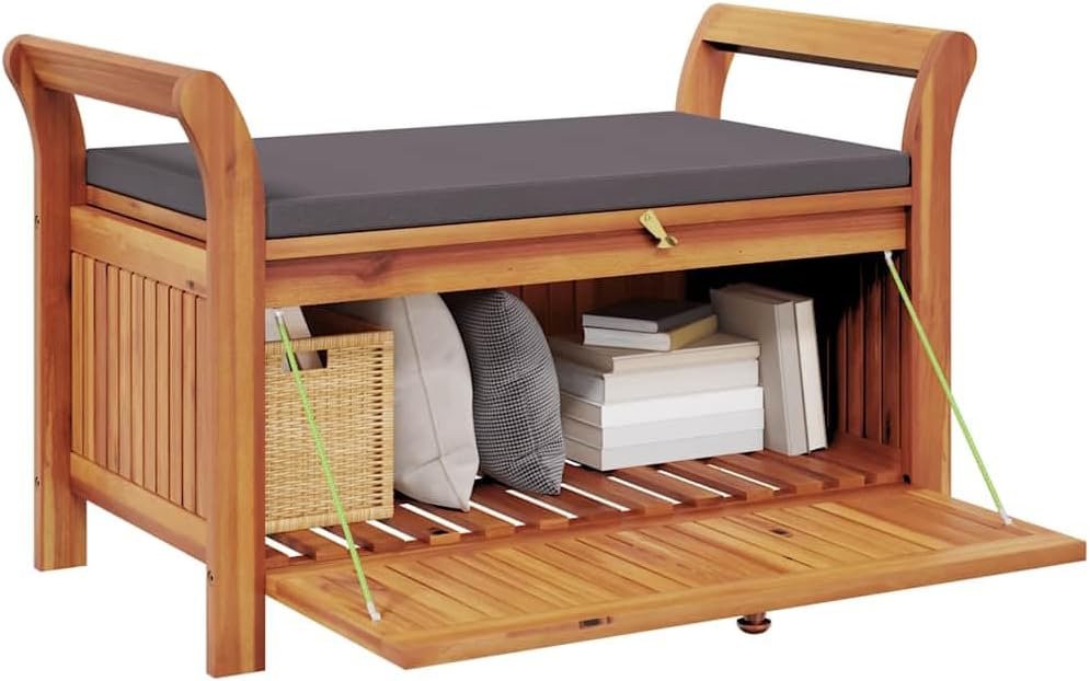 Solid Acacia Wood Patio Storage Bench with Cushion, 35.8 Inch Outdoor Bench f...