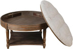 Large Round WaterProof Ottoman Coffee Table 2 Tier Oversized Button Tufted Ottoman with Wooden Shelf Storage Farmhouse Upholstered Coffee Table Living Room Footstool Ottoman Linen(Light Gray)