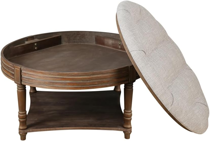 Large Round WaterProof Ottoman Coffee Table 2 Tier Oversized Button Tufted Ottoman with Wooden Shelf Storage Farmhouse Upholstered Coffee Table Living Room Footstool Ottoman Linen(Light Gray)
