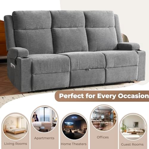 Chenille Reclining Sofa 3-Seater with Convertible Table, Storage Ottoman &amp...