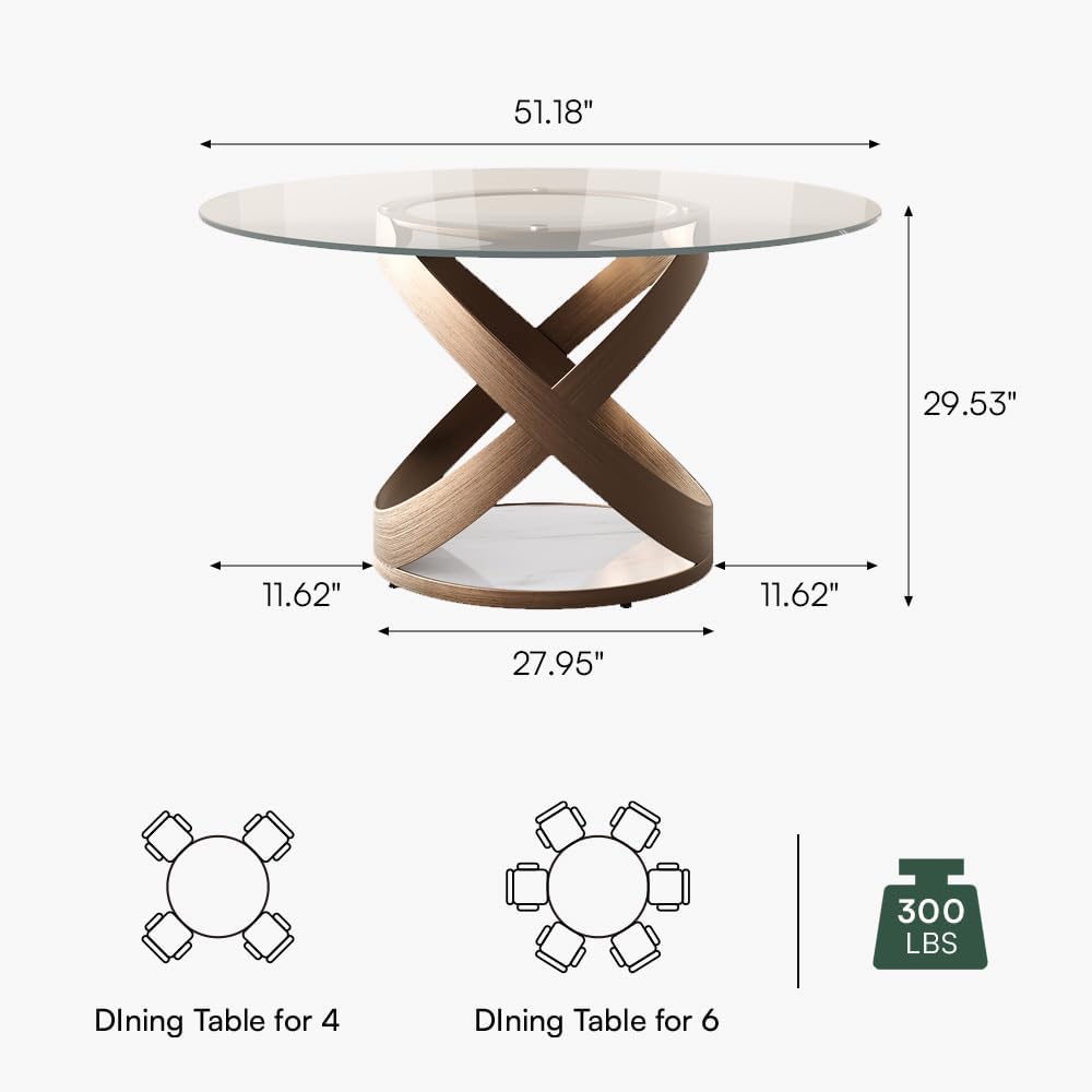POVISON 51" Modern Round Dining Table, Glass Round Kitchen Table for 4, ...