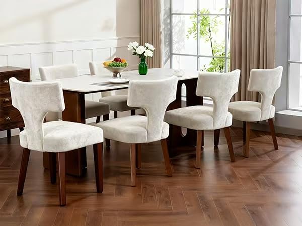 Soft Padded Dining Chairs Set of 4, Modern Farmhouse Upholstered Chairs with Linen Fabric & Rubber Wood Legs, Ergonomic Armless Seats for Dining Room Kitchen Living Room (Beige)