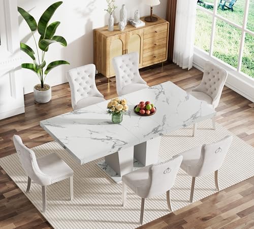 White Faux Marble Dining Room Table Set for 6, 7-Piece 63"-78.74" E...