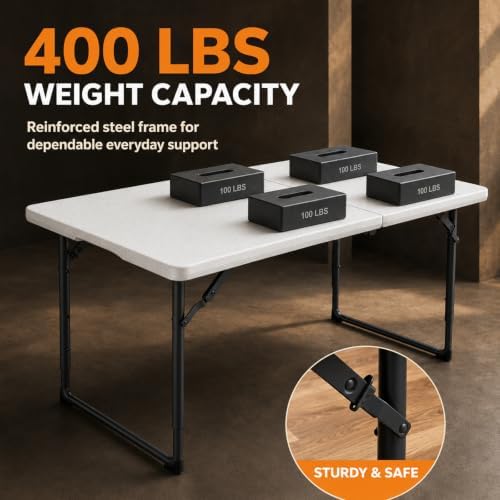 4FT Folding Table 3 Levels Adjustable Height, Heavy Duty Fold-in-Half Portabl...