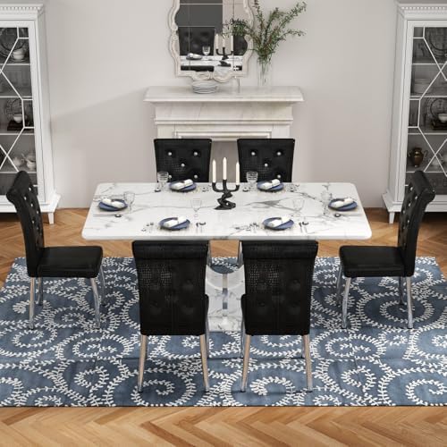 Modern Faux Marble Dining Table Set for 6, 63" White Rectangular Kitchen Table with Elegant U-Shaped Pedestal Base & 6 Tufted Upholstered High-Back Chairs, Luxury 7-Piece Dining Room Furniture Set