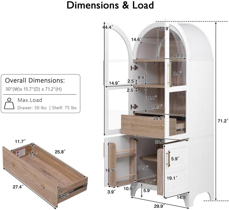 Polibi 71" Arched Pantry Cabinet with Adjustable Shelves - Farmhouse Sty...