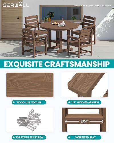 SERWALL 5-Piece HDPE Round Dining Set, 45" Table, 4 Chairs, Brown