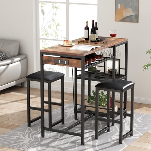 Bar Table and Chairs Set with Power Outlet, Pub Table and Chairs Set for 2
