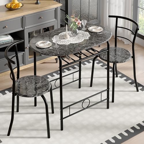 VECELO 3-Piece Dining Table Set for Kitchen Breakfast Nook, Wood Grain Oval T...