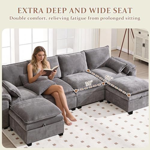 130" Modular Sectional Sofa with Storage, Premium Chenille Cloud Couch w...