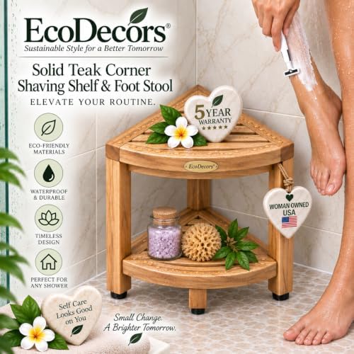 EcoDecors Corner Shower Stool with Shelf, Solid Teak Shower Bench